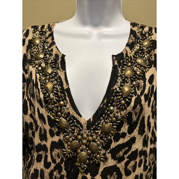 inc international concepts Women’s Long Top Plunge V Neck Leopard Beaded LS M - Picture 3 of 9